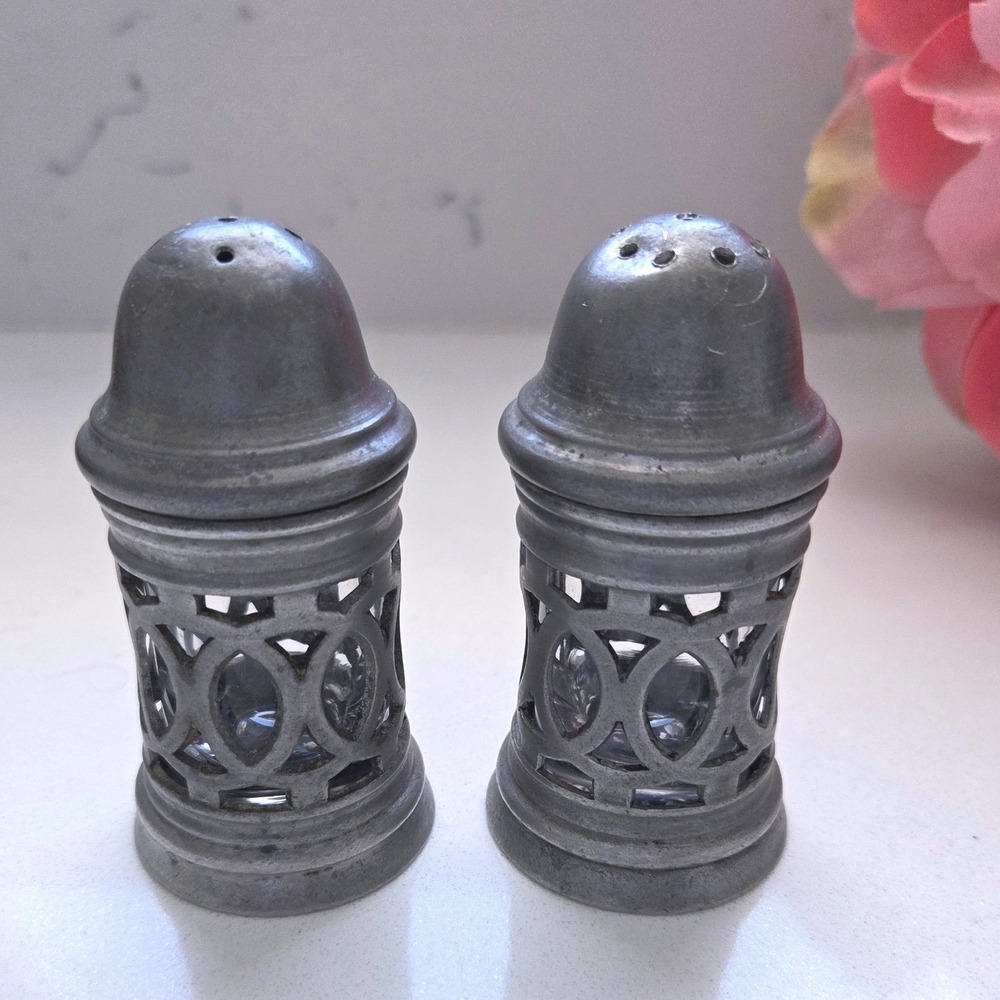 VTG Cosi Tabellini Pewter Salt Pepper Shakers Glass Inserts Lattice Openwork Set